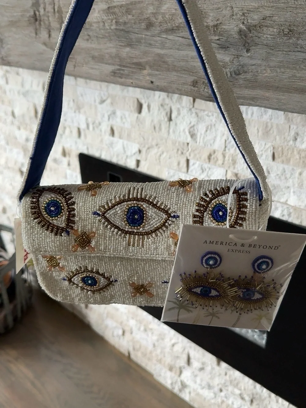 America & Beyond White Beaded Eye-Embellished Shoulder Clutch